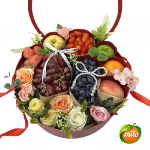 A basket of mixed red gift boxes